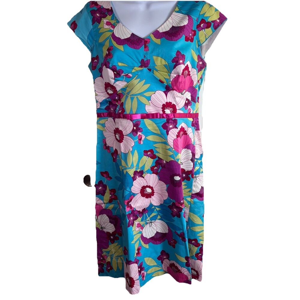 Sangria Floral Fit & Flare Dress Womens Size 10 Blue Pink Tropical Cotton Street - Picture 3 of 16